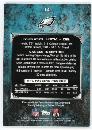 2013 Topps Inception #14 Michael Vick Purple 91/95 back