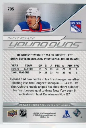 2024-25 Upper Deck #705 Brett Berard Clear Cut Parallel Young Guns back