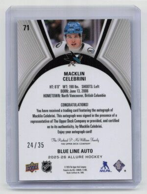 2025-26 Upper Deck Allure Macklin Celebrini #71 Blue Line Auto 24/35 back