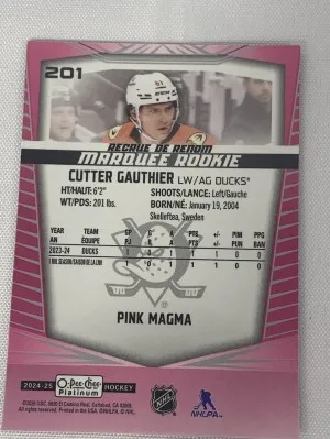 2024-25 OPC Platinum Marquee Rookie Cutter Gauthier Pink Magma back