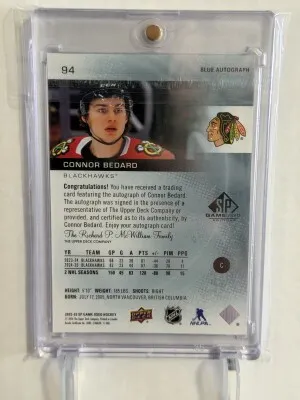 2025 SP Game Used Connor Bedard Blue Auto back