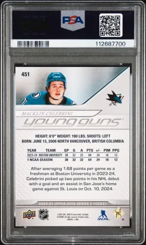 2024-25 Upper Deck Macklin Celebrini #451 Young Guns Rookie PSA 9 back