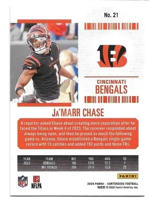 2024 Panini Contenders #21 Ja'Marr Chase - Cincinnati Bengals back