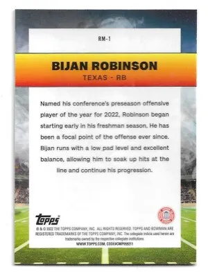 2022 Bowman Chrome University Ramblin Man #RM1 Bijan Robinson (RC) - Atlanta Falcons back