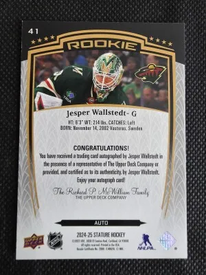 2024-25 Upper Deck Stature Rookie Jesper Wallstedt #41 Auto back