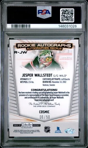 2024 Cosmic Rookie Auto Jesper Wallstedt /50 (POP 1) back