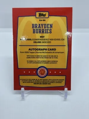 Brayden Burries 2025 Topps Chrome McDonald’s Auto back
