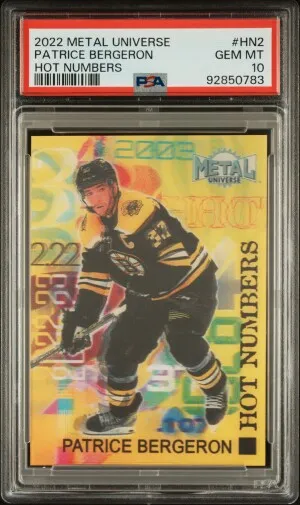 2022 Skybox Metal Universe Hot Numbers Patrice Bergeron PSA 10 front