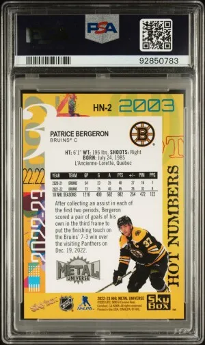 2022 Skybox Metal Universe Hot Numbers Patrice Bergeron PSA 10 back
