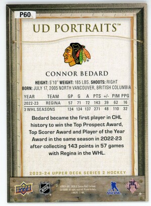 2023-24 Upper Deck #P60 Connor Bedard UD Portraits back