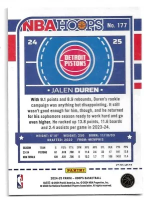 2024-25 Hoops Premium Prizms Winter #177 Jalen Duren - Detroit Pistons back