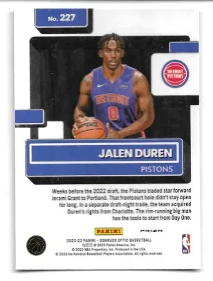 2022-23 Donruss Optic Rated Rookie Red Wave #227 Jalen Duren (RC) - Detroit Pistons back
