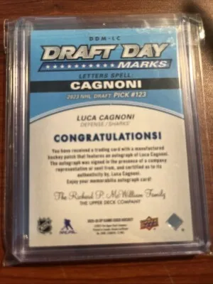 Luca Cagnoni #DDM-LC Draft Day Marks 2025-26 UD SP GAME USED SJ Sharks 'G' 04/35 back