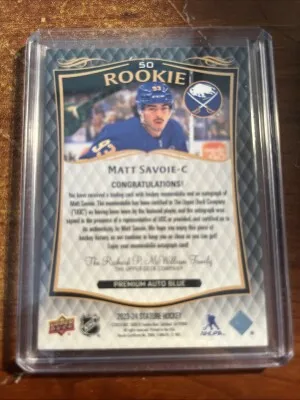Matt Savoie 2023-24 Upper Deck Stature Rookie Patch Auto Blue RPA 06/10 back
