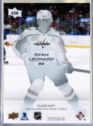 RYAN LEONARD YOUNG GUNS CLEAR CUT #238 - 2025-26 Upper Deck Series 1 back
