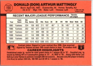 1990 Donruss #190 Don Mattingly back