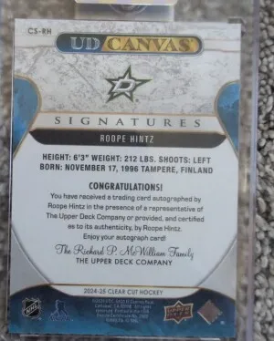 2024/25 UD Clear Cut Roope Hintz UD Canvas Auto #CS-RH back
