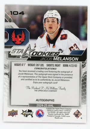 Jacob Melanson 2024-25 Upper Deck AHL Star Rookies Autograph #104 back