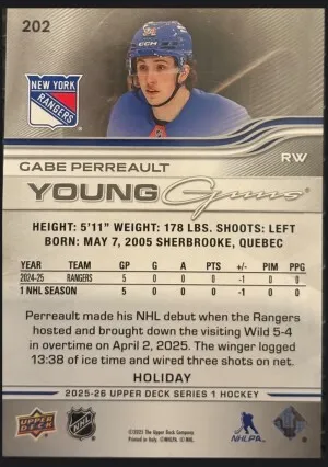 GABE PERREAULT YOUNG GUNS - SP HOLIDAY #202 - 2025-26 Upper Deck Series 1 back