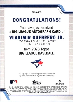 2023 Topps Big League #BLA-VG Vladimir Guerrero Jr. Orange Foil Autos #/25 back