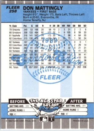 1989 Fleer #258 Don Mattingly back