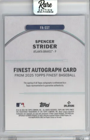 2025 Topps Finest Autographs Spencer Strider #FA-SST Sky Blue Refractor 113/150 back