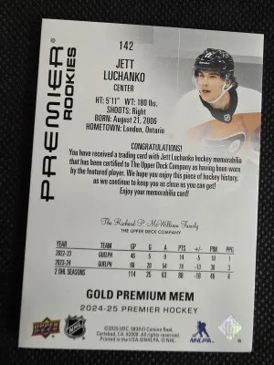 2024-25 UD Premier Jett Luchanko Gold Premium MEM 40/49 back