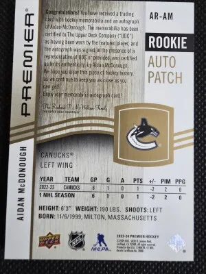 2023-24 Premier Aidan McDonough #AR-AM RPA RC 60/65 back