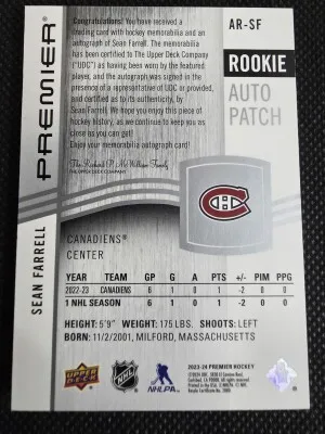 2024-25 UD Premier SEAN FARRELL Patch AUTO RC 166/249 *RPA back