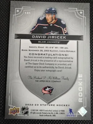 2022-23 UD Stature David Jiricek RC On-Card Autograph 182/199 back