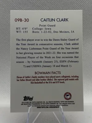 2023-24 Bowman Chrome University Caitlin Clark RC Holo back