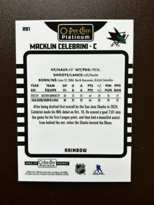 2024-25 OPC Platinum Macklin Celebrini #R91 Retro Rookies Rainbow back
