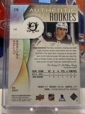 Cutter Gauthier SP Authentic Rookies & Teemu Selanne Crown Royale back