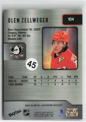 2024-25 Metal Universe Hockey Olen Zellweger #104 Rookie back