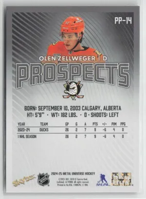 2024-25 Metal Universe Hockey Prospects Olen Zellweger #PP-14 back