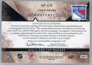 Chris Drury 2010-11 The Cup Signature Patches 67/75 #SP-CD back