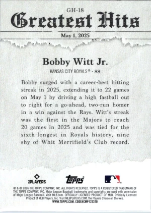 2026 Topps #GH-18 Bobby Witt Jr. 2025 Greatest Hits back