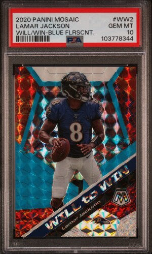 2020 Panini Mosaic 🔵🔥Will To Win Blue Fluorescent Lamar Jackson #d/15 PSA 10 front