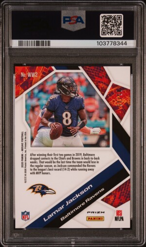 2020 Panini Mosaic 🔵🔥Will To Win Blue Fluorescent Lamar Jackson #d/15 PSA 10 back