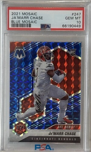 2021 Panini Mosaic 🔵🔥 Blue Ja'Marr Chase RC #46/99 NFL Debut #247 PSA 10 Gem front