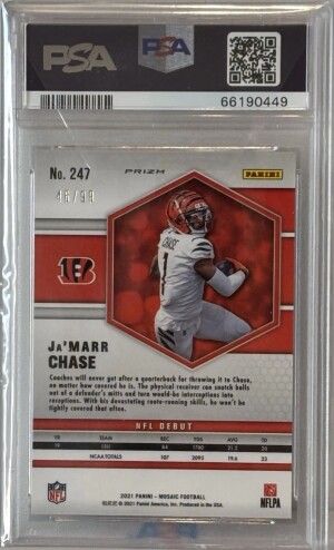 2021 Panini Mosaic 🔵🔥 Blue Ja'Marr Chase RC #46/99 NFL Debut #247 PSA 10 Gem back