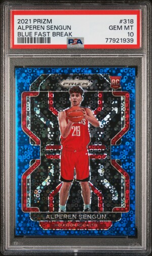 2021 Panini Prizm 🔵🔥Blue Fast Break Alperen Sengun RC #d/150 PSA 10, Rockets! front
