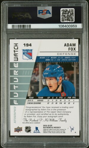 2019 Sp Authentic Adam Fox Future Watch Auto PSA 10 back