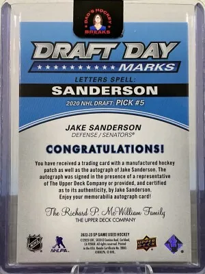 Jake Sanderson DDM Draft Day Marks /35 back