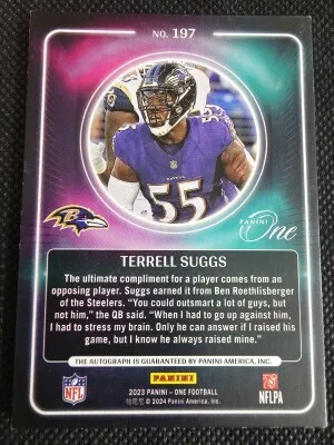 TERRELL SUGGS 2023 PANINI ONE FOOTBALL #197 PRESENTING AUTO RED 03/25 RAVENS back