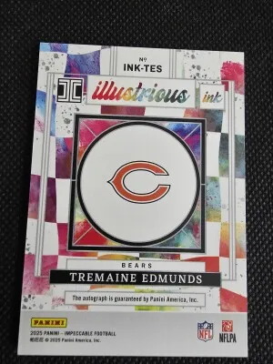Tremaine Edmunds 2025 Panini Impeccable Illustrious Ink Auto /49 INK-TES back