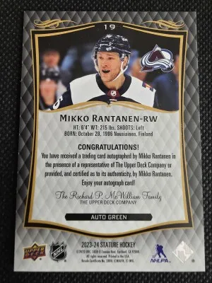 24-25 Upper Deck Stature - Mikko Rantanen #19 Green Auto 044/199 2023-2024 Update back
