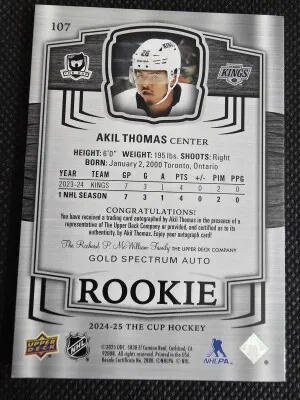 2024-25 UD The Cup Gold Spectrum Rookie Auto Akil Thomas 19/36, #107. back
