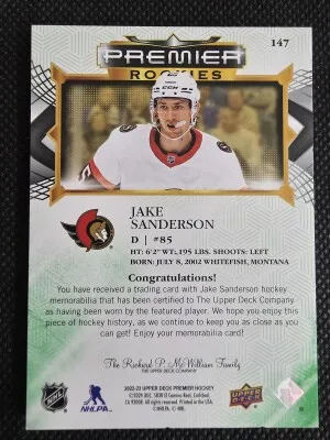 2022 23 Upper Deck Jake Sanderson Premier Rookies Fight Strap Patch /15 #147 back