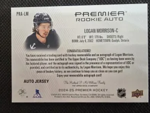 2024 UPPER DECK PREMIER #PRA-LM LOGAN MORRISON ROOKIE AUTO JERSEY RC /99 back